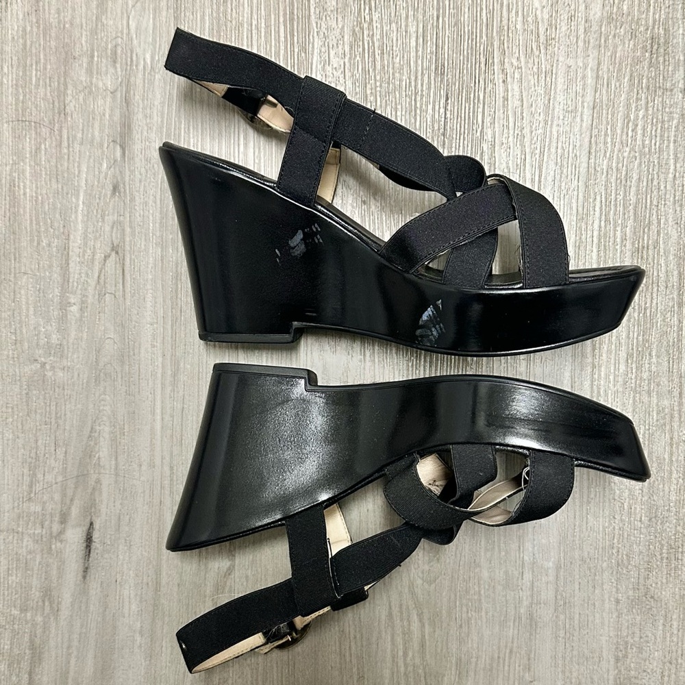 BROWNS Black Leather & Elastic Strappy Wedge Sandals 38